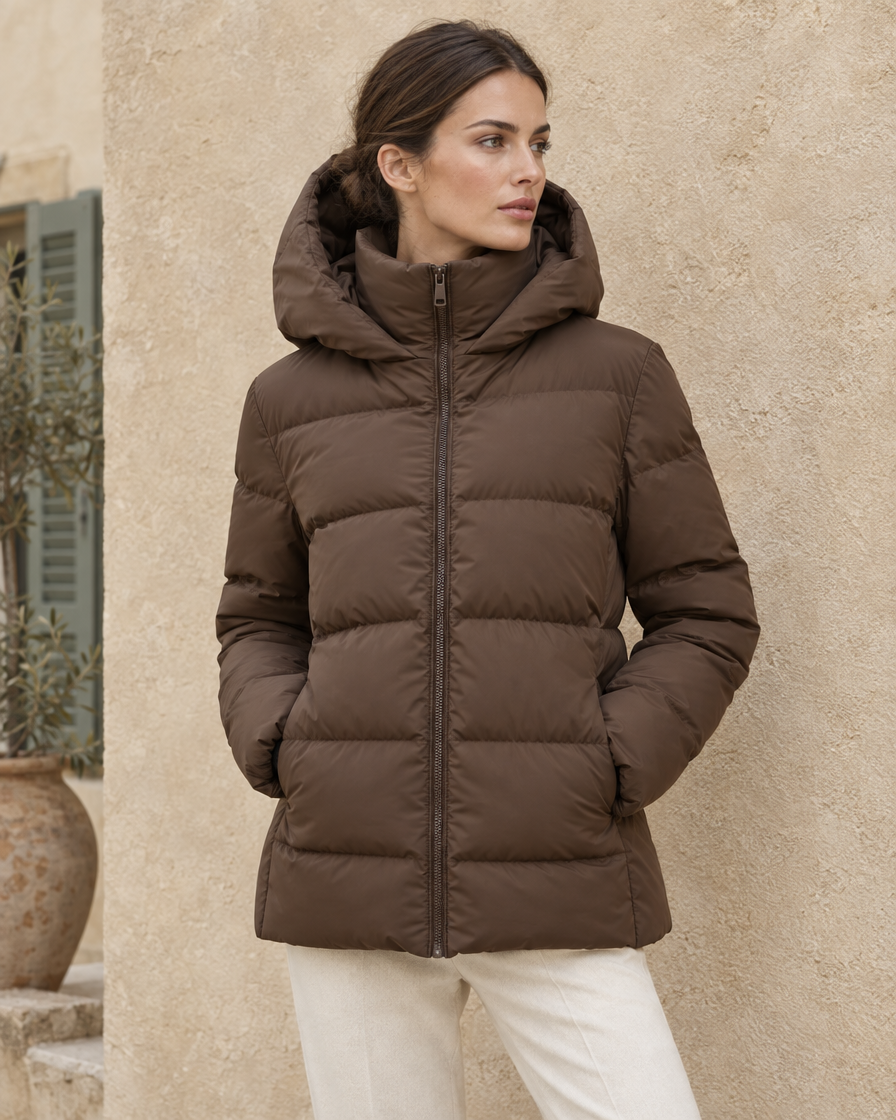 ONORA Femke Hooded Funnel-Neck Puffer Jacket — three-quarter view, hood up