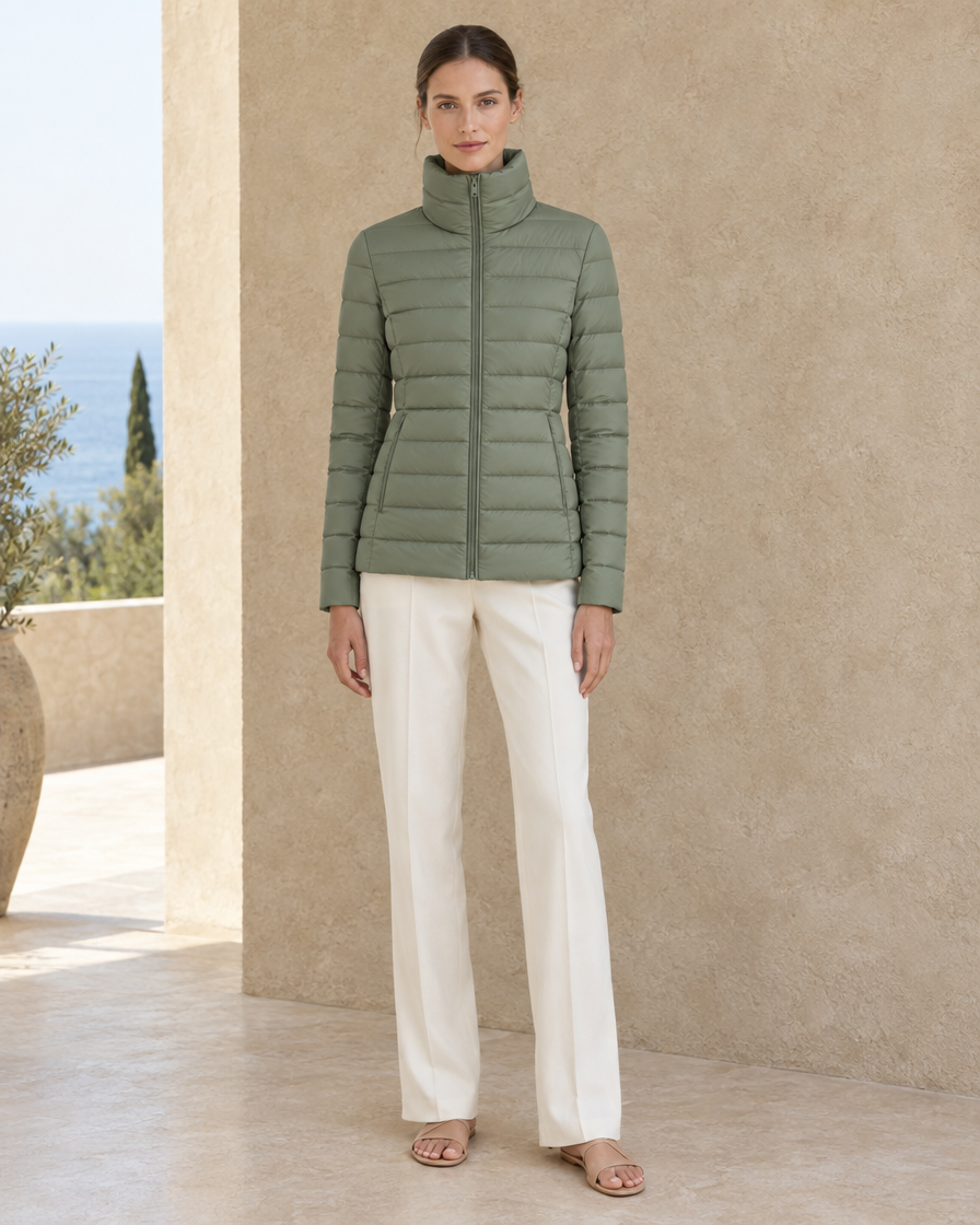 ONORA Ebru Tailored Quilted Funnel-Neck Puffer Jacket — full length front, Sage Green