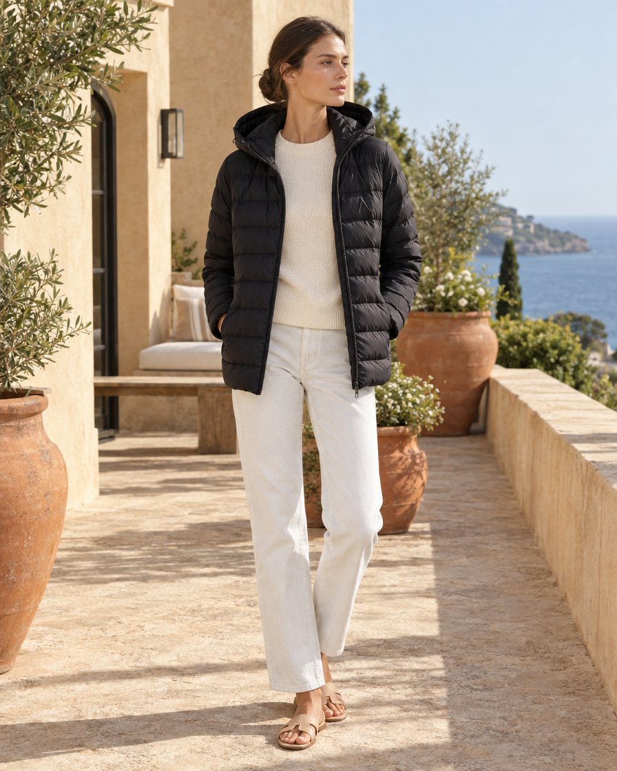 ONORA Thyra Quilted Hooded Puffer Jacket — worn on a villa terrace