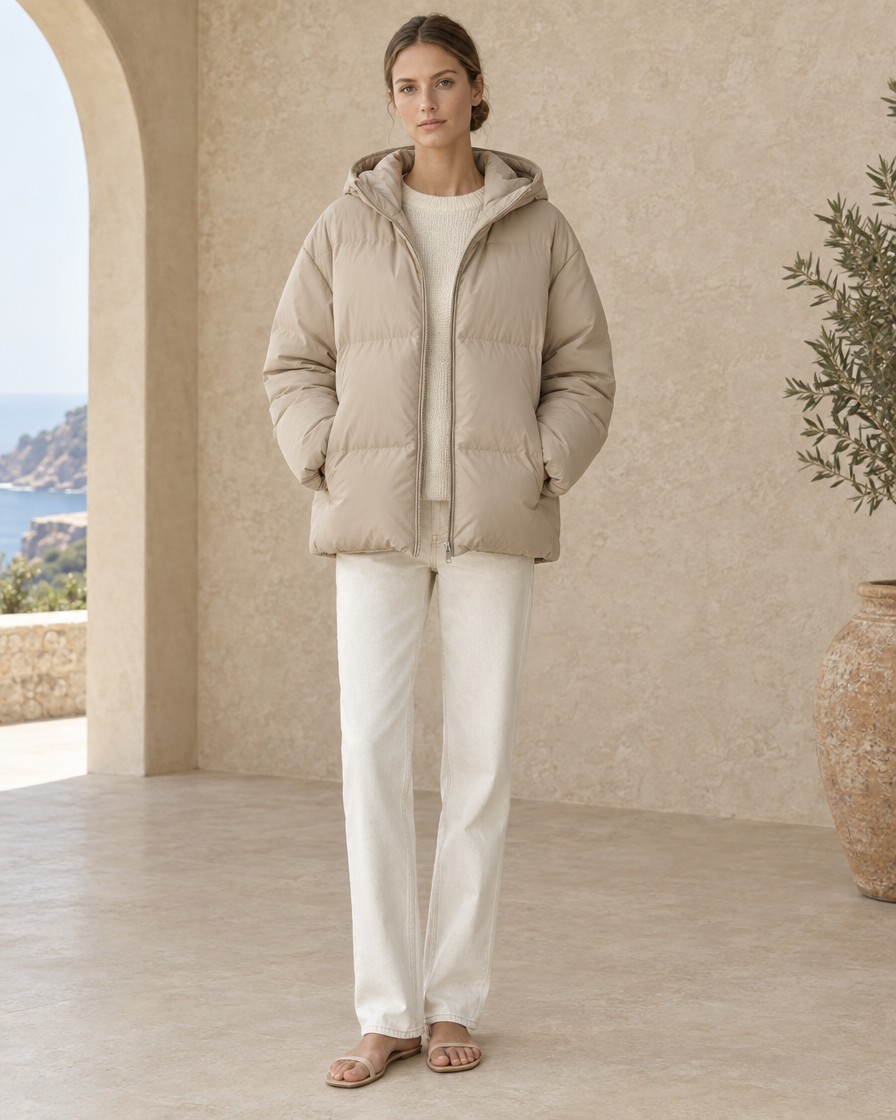 ONORA Kirkby Loose Hooded Down Jacket — full length front, Beige