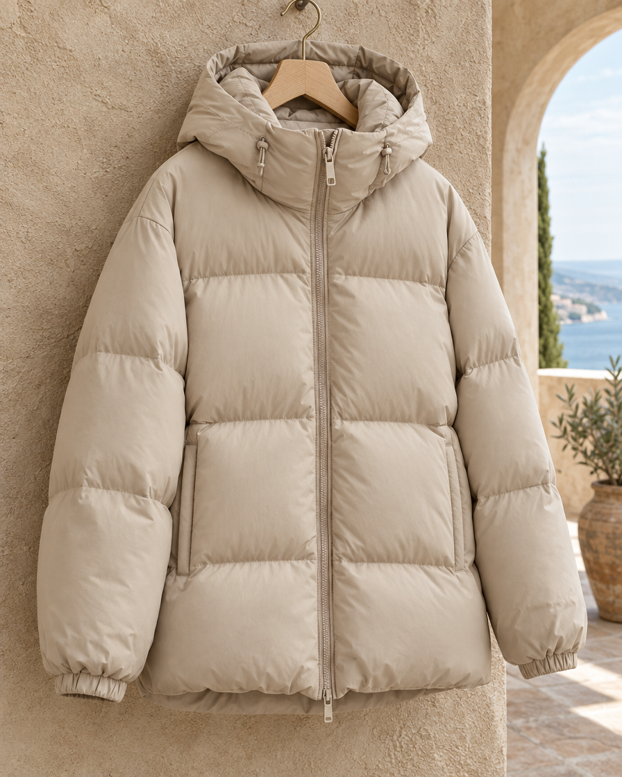 ONORA Kirkby Loose Hooded Down Jacket — hood and padding detail