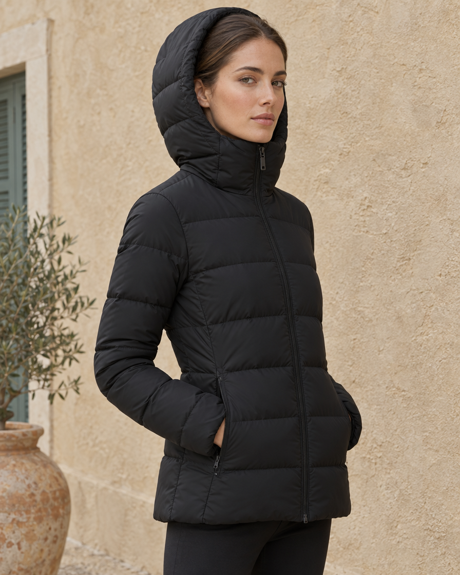 ONORA Thyra Quilted Hooded Puffer Jacket — three-quarter view, hood up