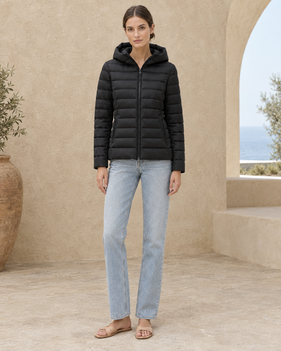 ONORA Thyra Quilted Hooded Puffer Jacket — full length front, Black