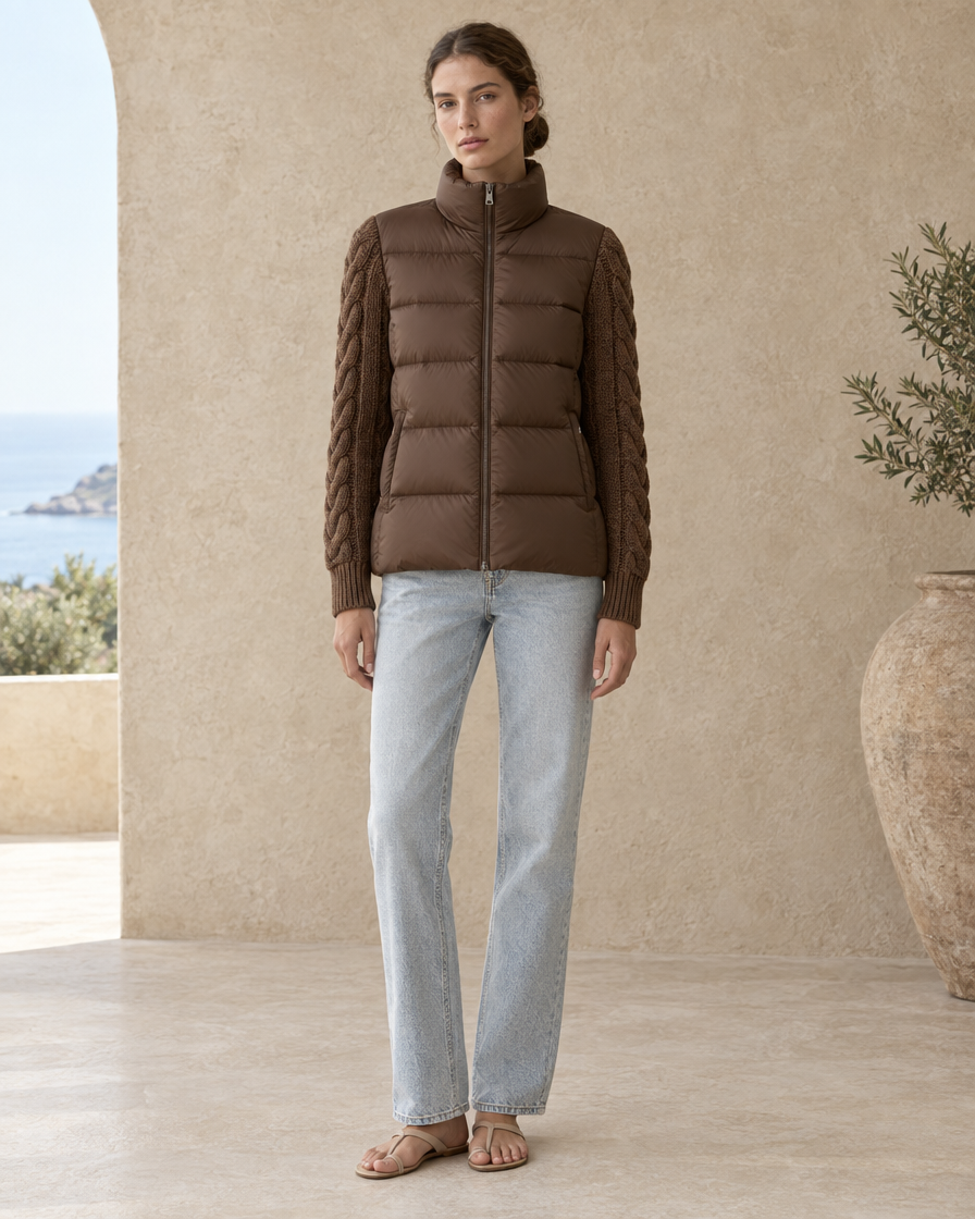 Down Puffer Jacket with Cable-Knit Sleeves — full length front, Brown