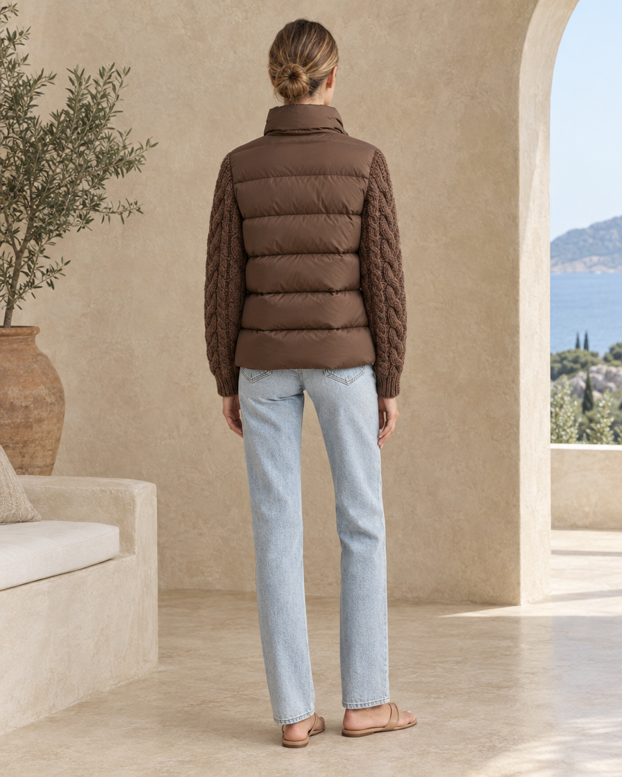 ONORA Kelso Cable-Knit Sleeve Down Parka — full length back