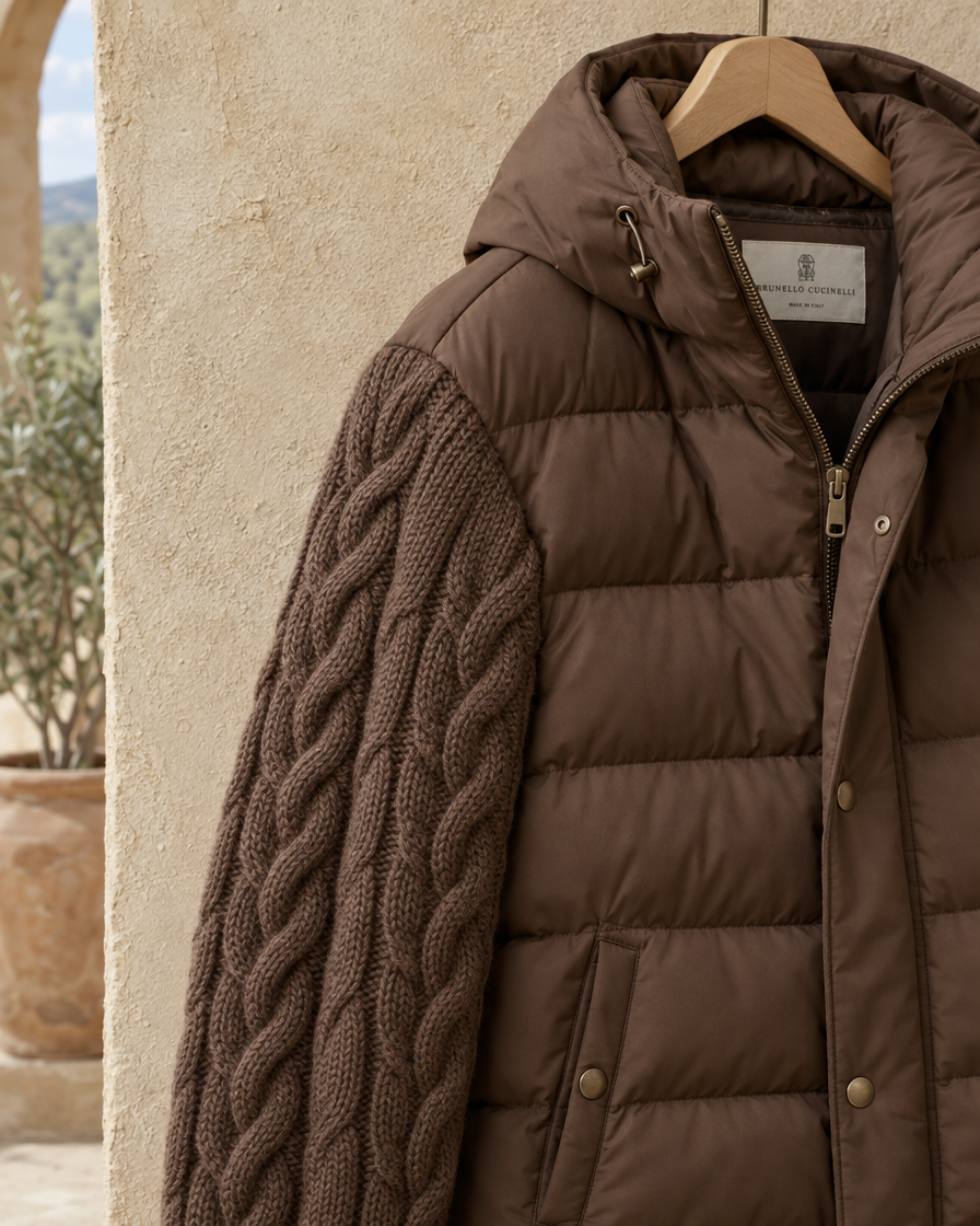 ONORA Kelso Cable-Knit Sleeve Down Parka — cable-knit sleeve detail