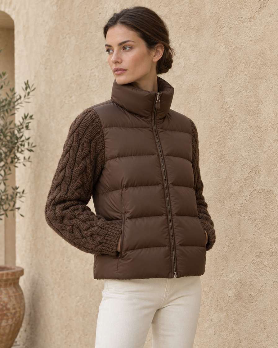 ONORA Kelso Cable-Knit Sleeve Down Parka — three-quarter view
