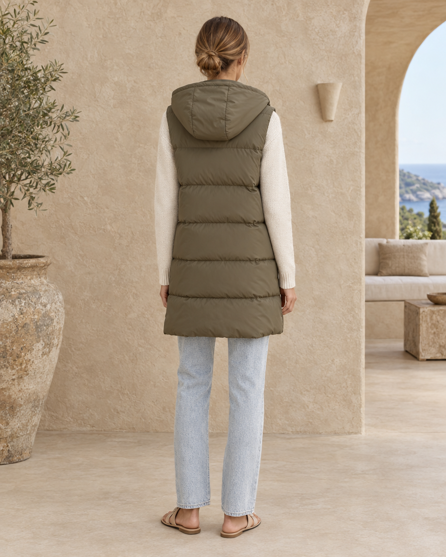 ONORA Stillwater Hooded Longline Puffer Vest — full length back