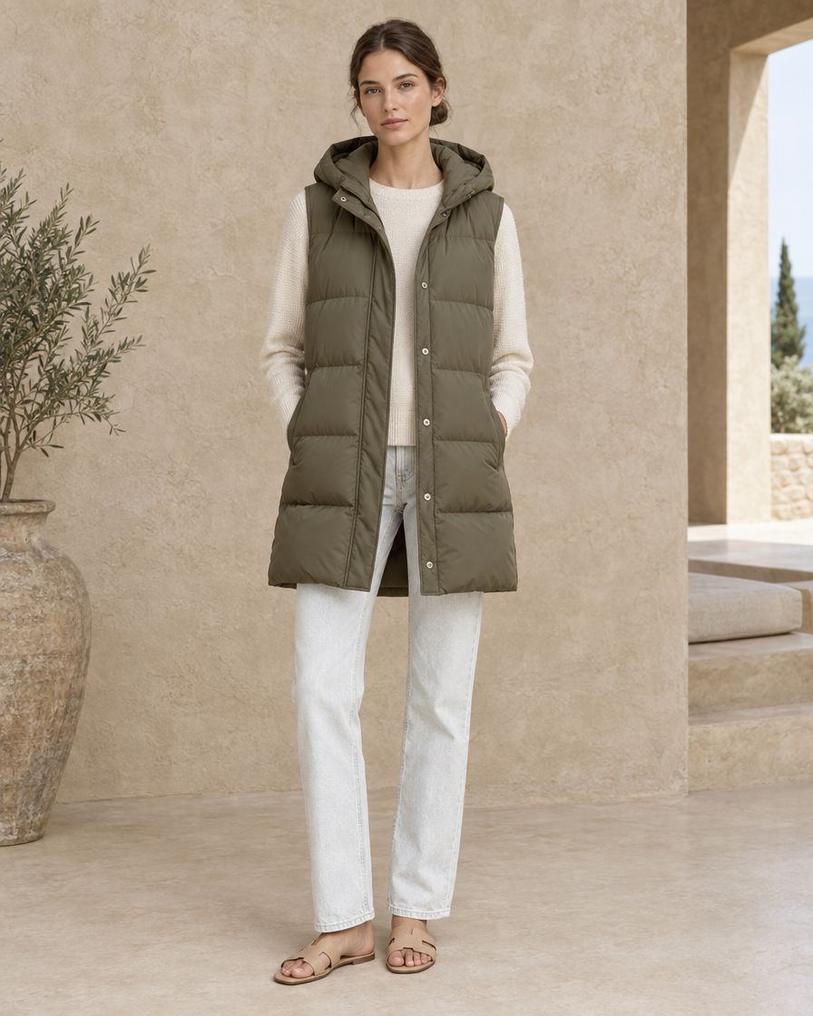 ONORA Stillwater Hooded Longline Puffer Vest — full length front, Khaki
