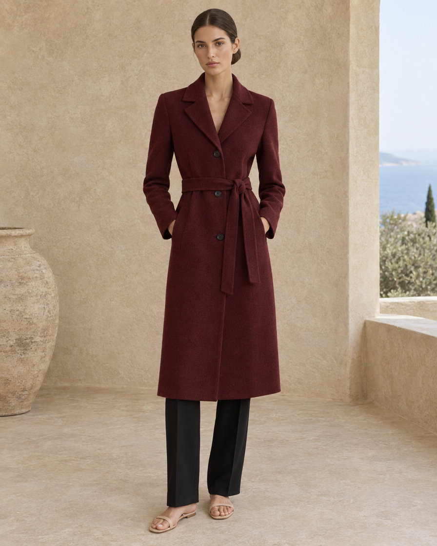 ONORA Elegant Fitted Belted Coat — full length front, Burgundy