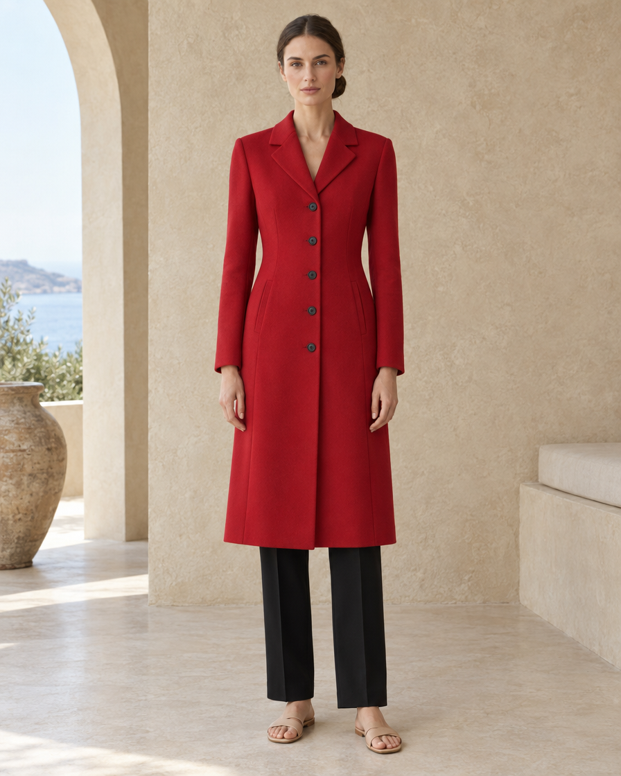 ONORA Fitted Long Tailored Coat — Red