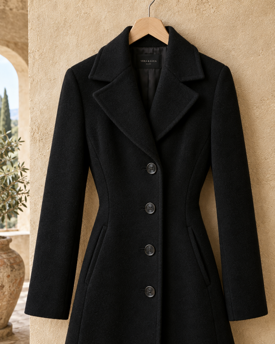 ONORA Fitted Long Tailored Coat — collar and button detail