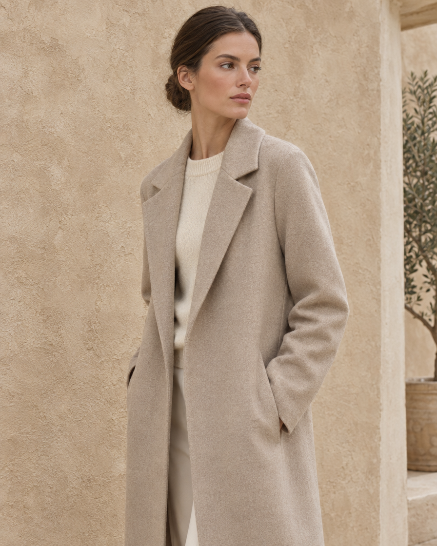 ONORA Minimalist Long Wool-Blend Coat — three-quarter view