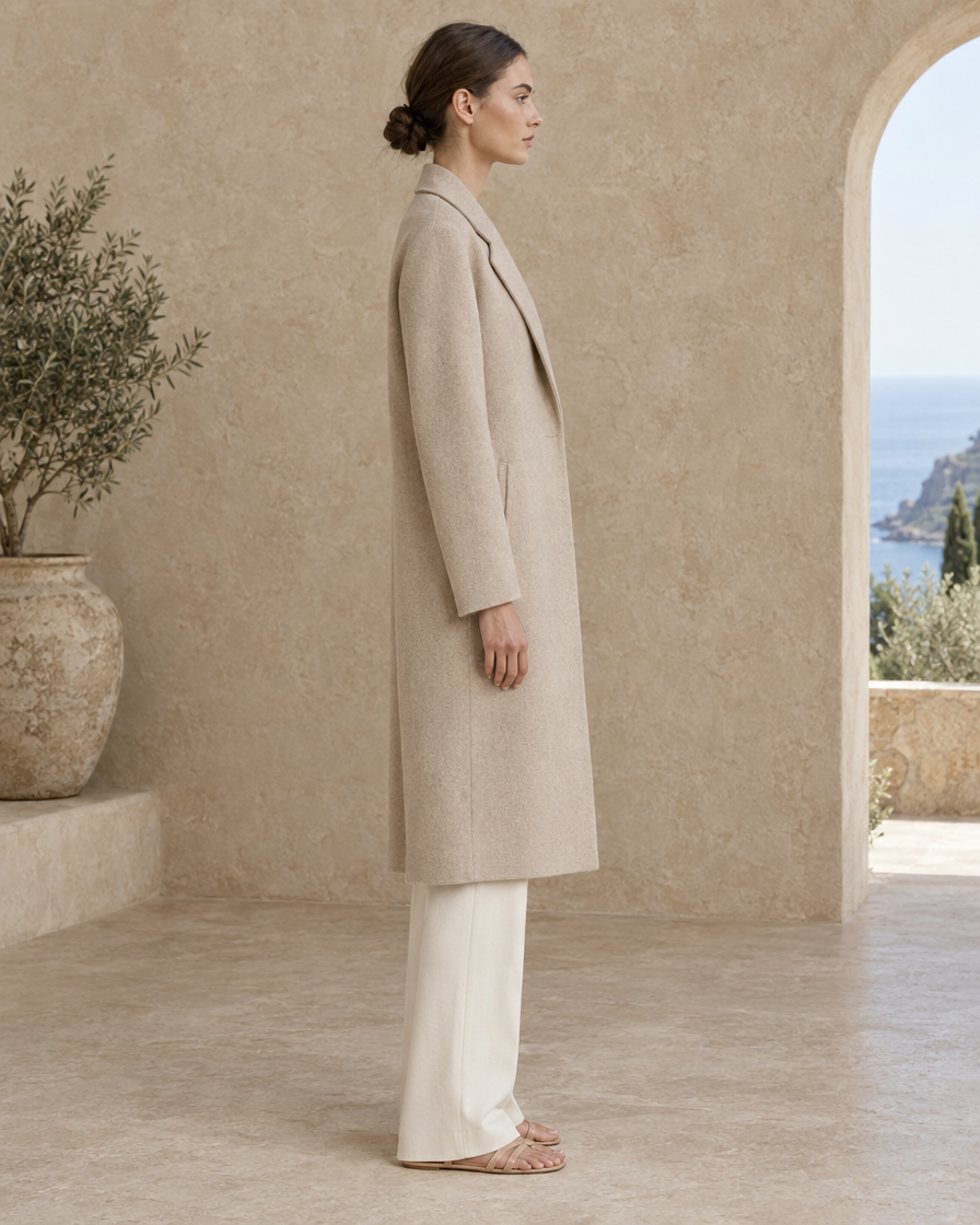 ONORA Minimalist Long Wool-Blend Coat — side profile