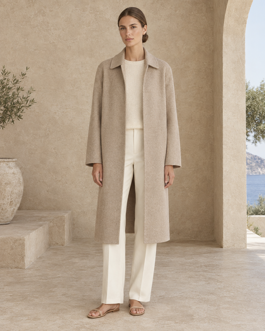 ONORA Minimalist Long Wool-Blend Coat — full length front, Beige