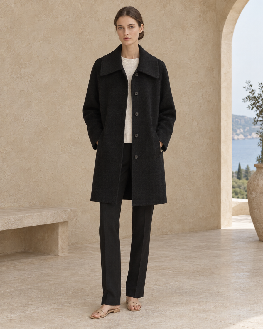 ONORA Square-Collar Wool Coat — full length front, Black
