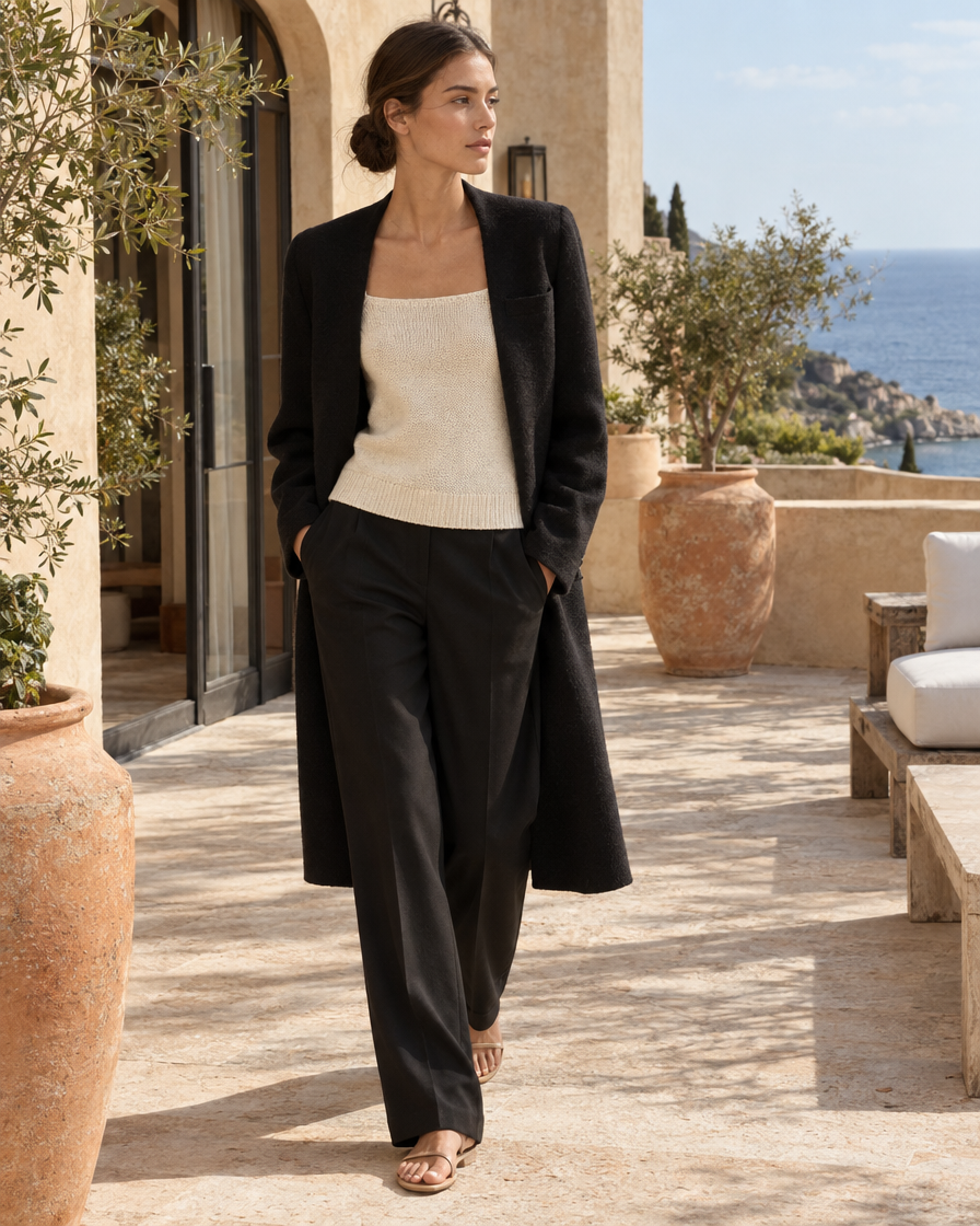 ONORA Square-Collar Wool Coat — worn on a villa terrace