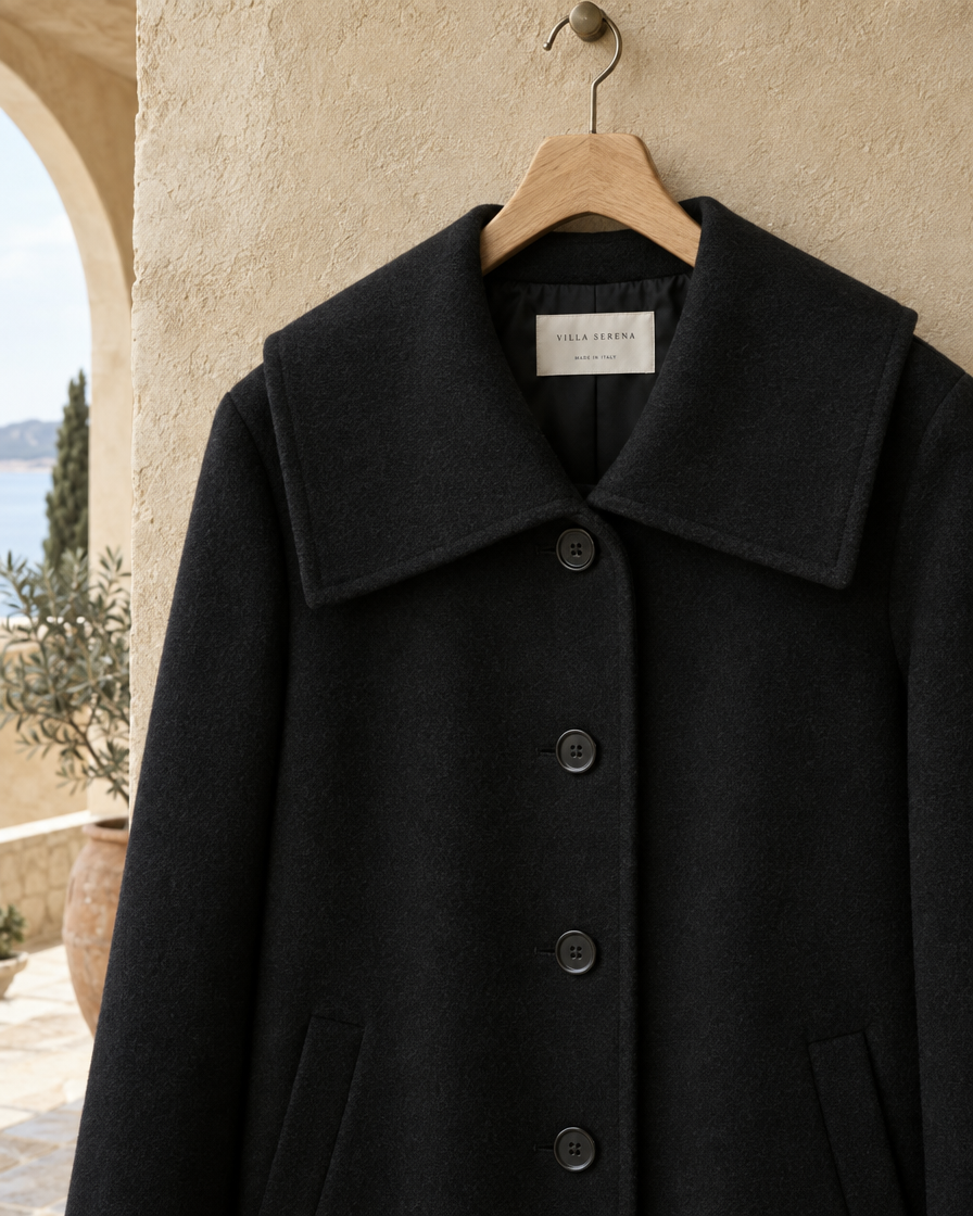 ONORA Square-Collar Wool Coat — collar and button detail
