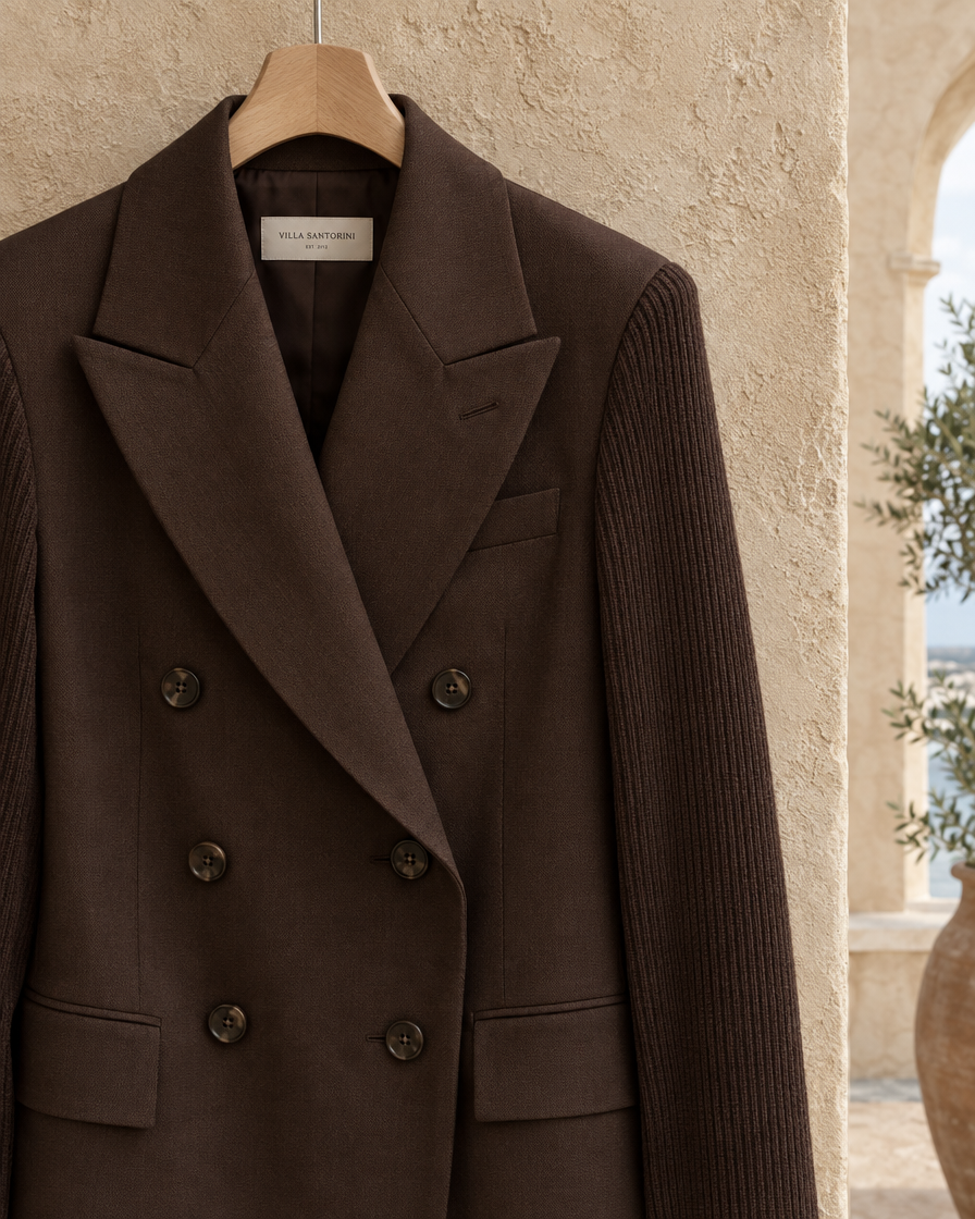 Cascadia Structured Double-Breasted Blazer with Ribbed Sleeves — ribbed sleeve detail