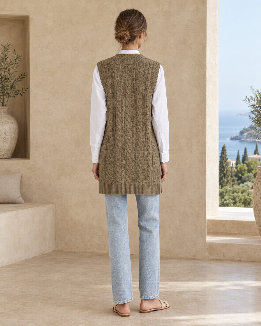 ONORA Dorset Open-Front Cable-Knit Vest — full length back