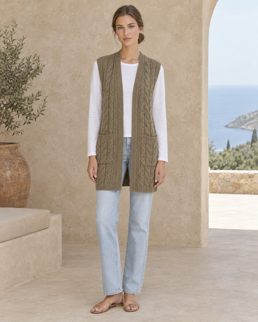 ONORA Dorset Open-Front Cable-Knit Vest — full length front, Khaki