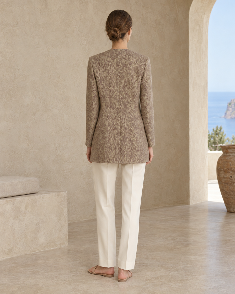 ONORA Foxley Herringbone Collarless Long Blazer — full length back