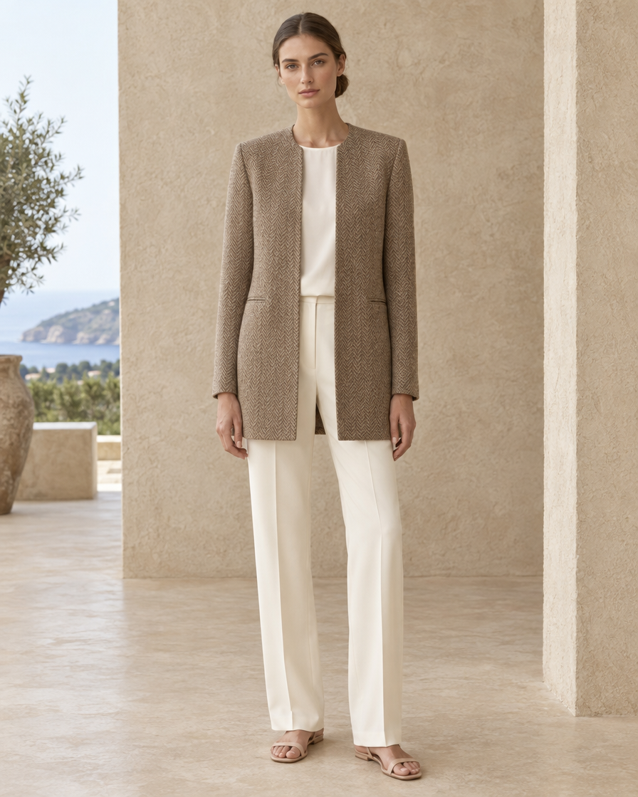 ONORA Foxley Herringbone Collarless Long Blazer — full length front, Light Brown