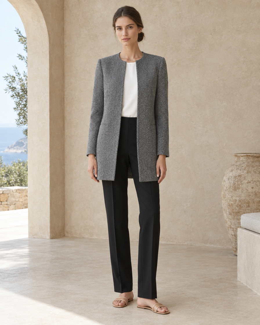 ONORA Foxley Herringbone Collarless Long Blazer — Grey