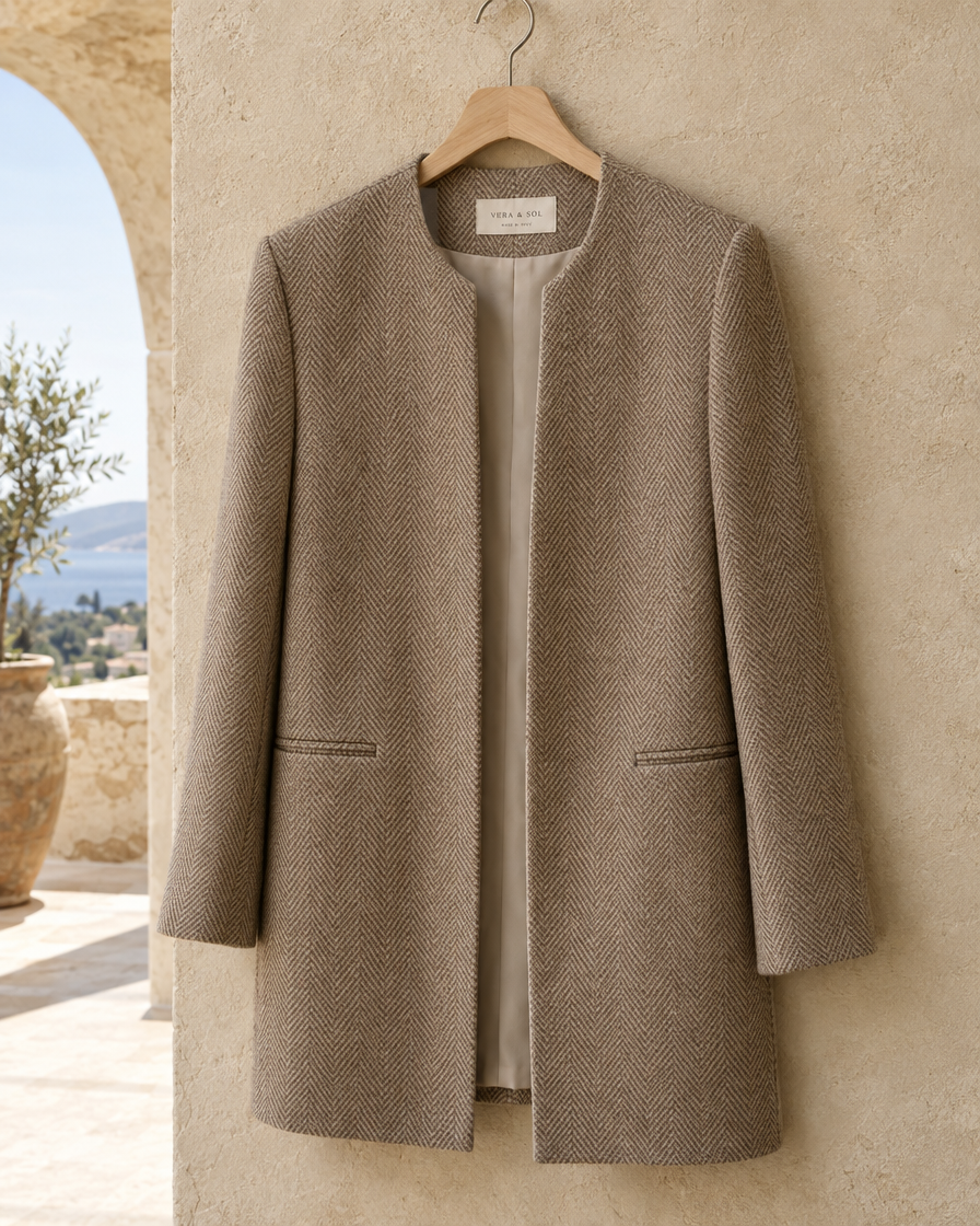ONORA Foxley Herringbone Collarless Long Blazer — herringbone weave detail