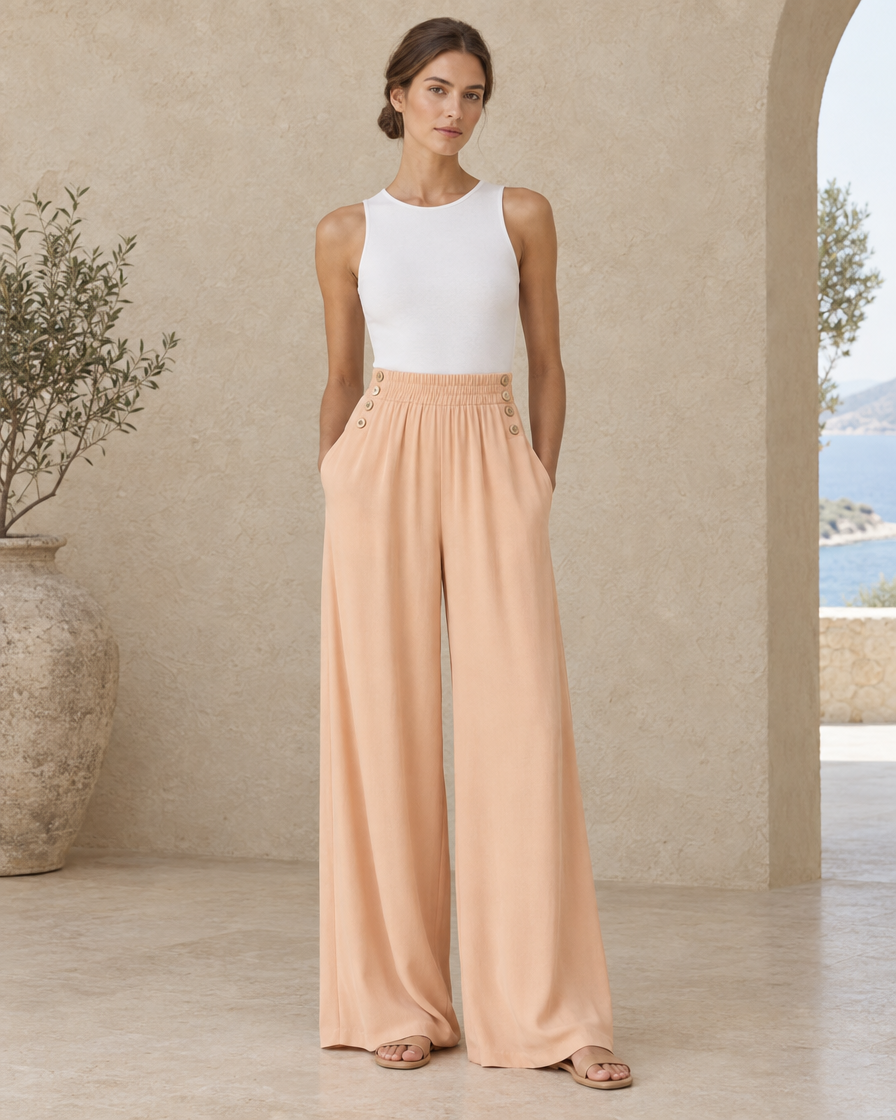 ONORA Denali Button-Trim Wide-Leg Pants — full length front, Apricot