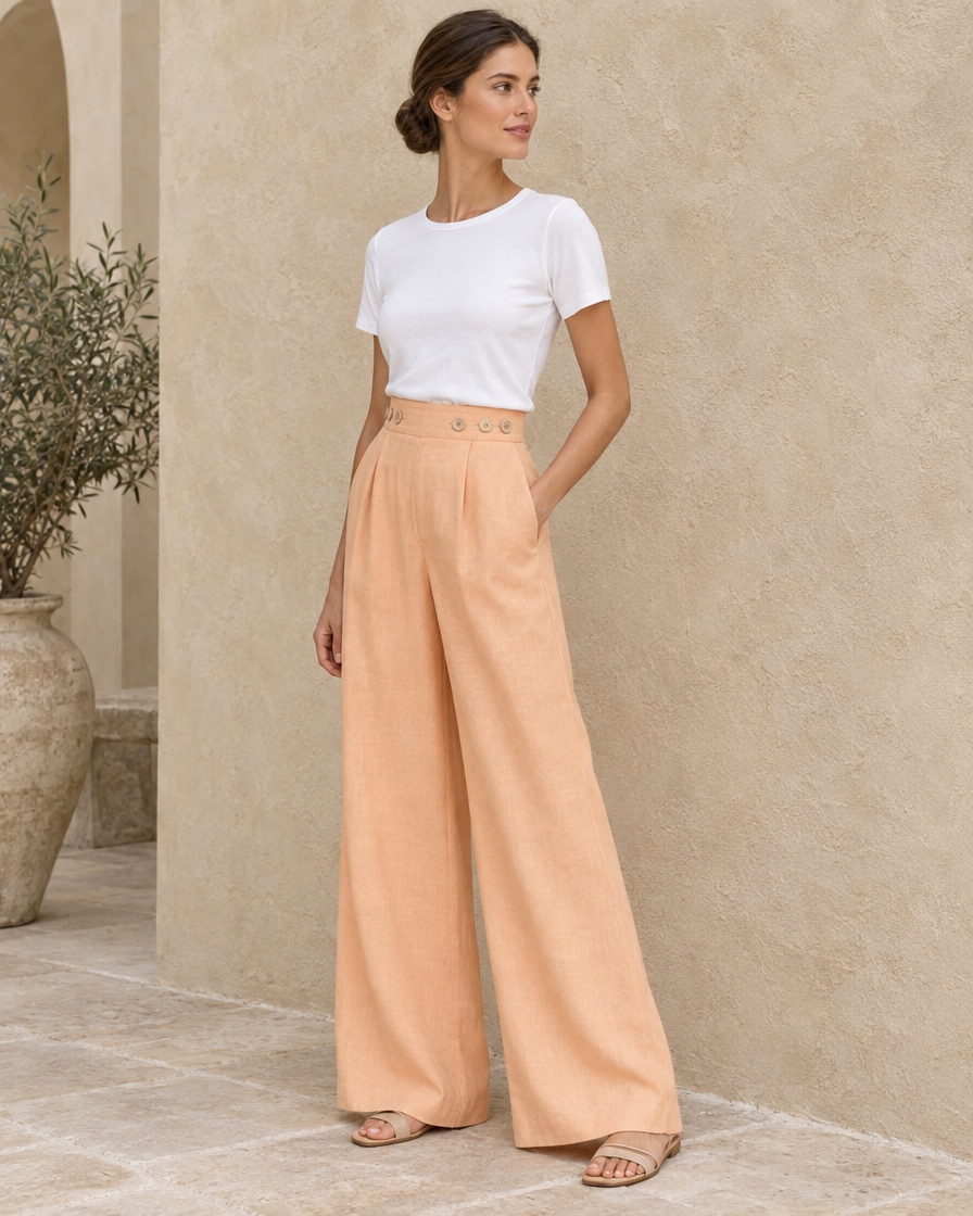 ONORA Denali Button-Trim Wide-Leg Pants — three-quarter view