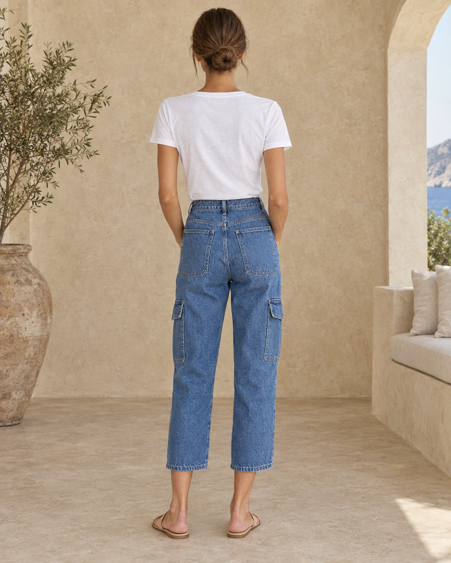 ONORA Beartooth Relaxed Cropped Cargo Jeans — full length back