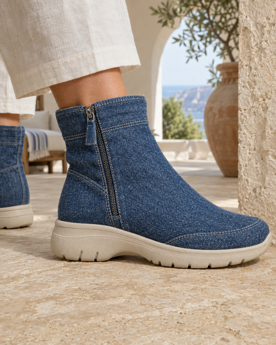 Orthopedic Denim Ankle Boots with Cushioned Sole — denim and sole detail