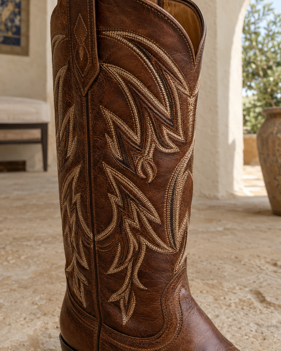 Brown Leather Western Boots with Embroidered Shaft — embroidery detail