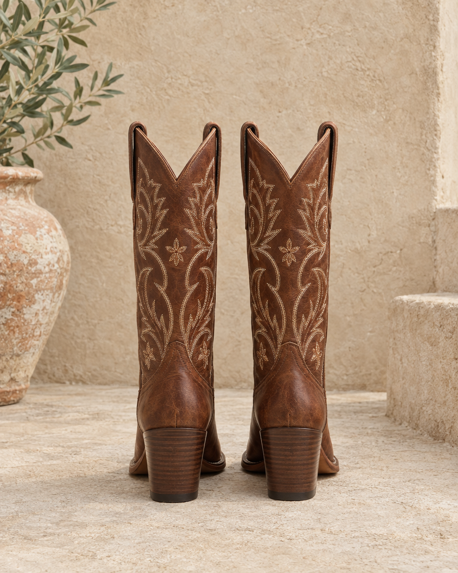 Brown Leather Western Boots with Embroidered Shaft — back view