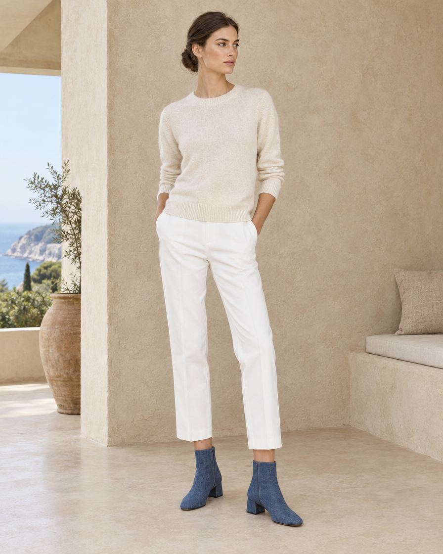 Orthopedic Denim Ankle Boots with Cushioned Sole — worn, full length