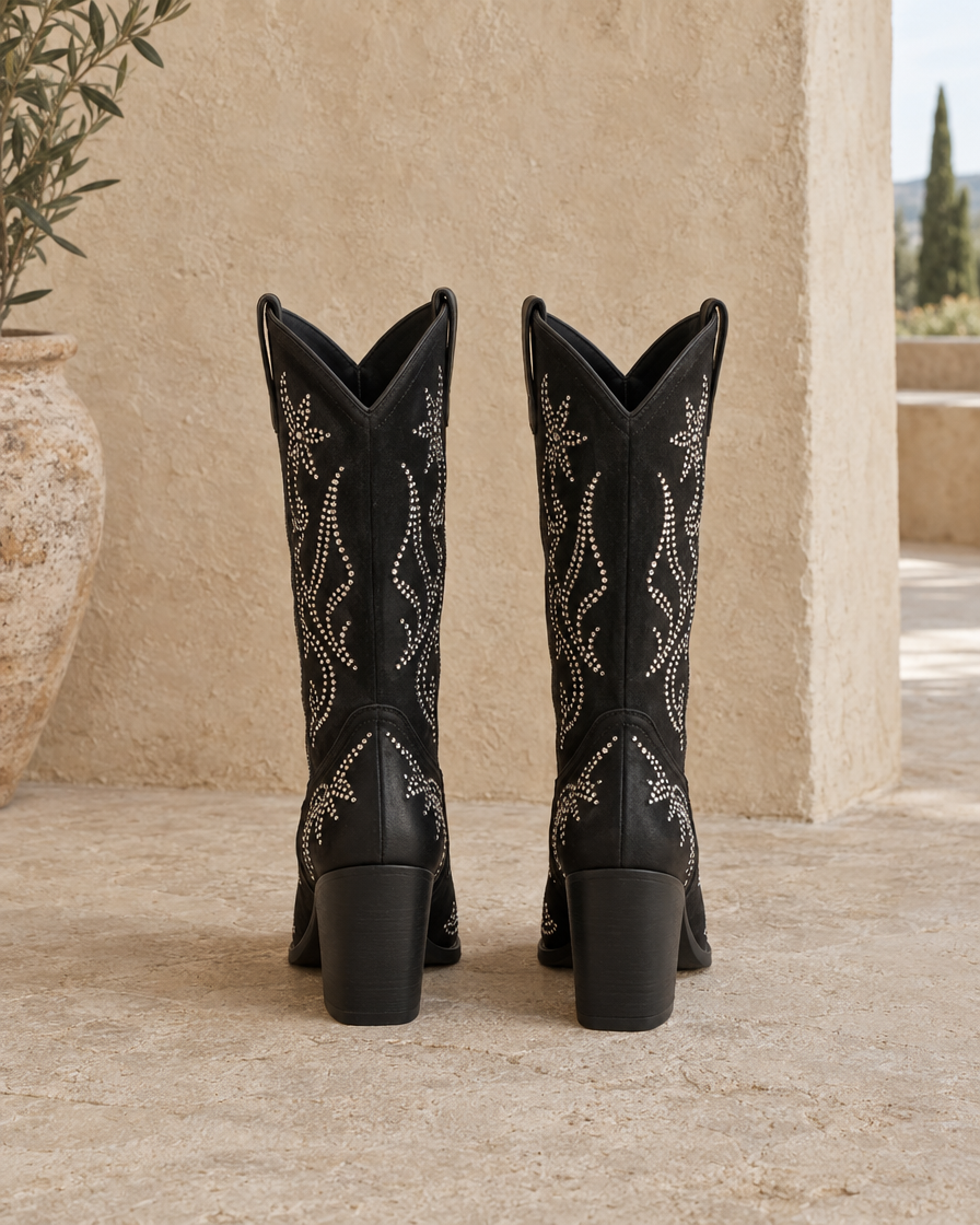 Black Embellished Mid-Calf Cowboy Boots — back view