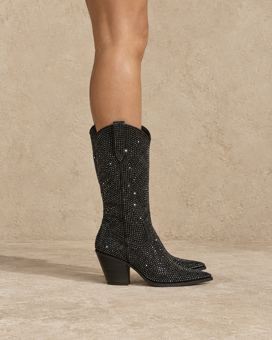 Rhinestone Cowboy Boots Mid-Calf in Black — side profile