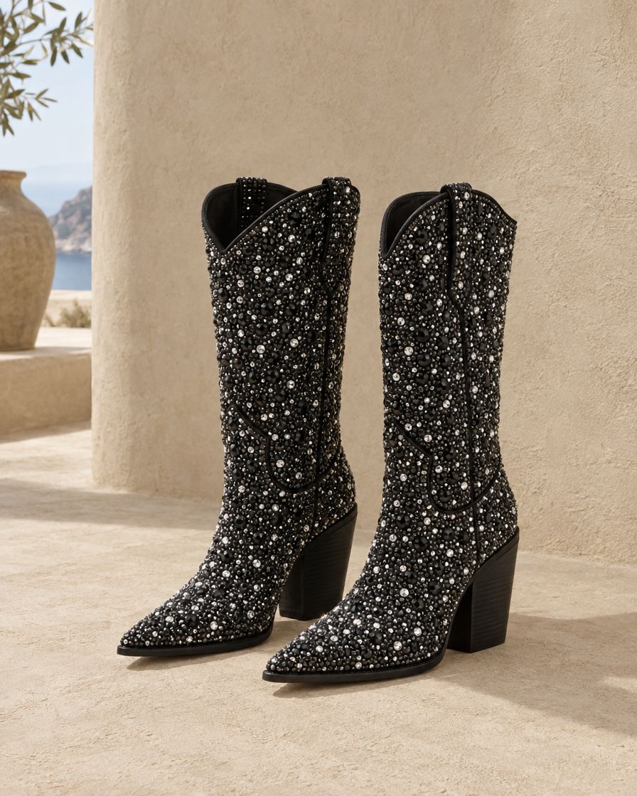 Rhinestone Cowboy Boots Mid-Calf in Black — pair