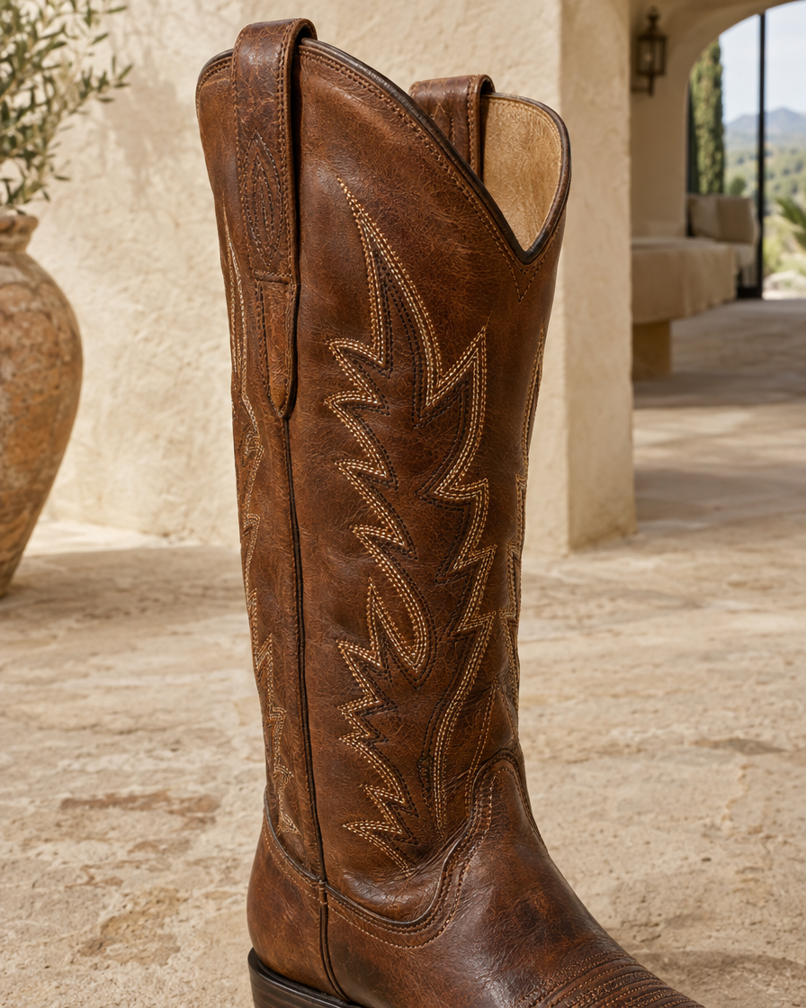 Brown Cowboy Boots for Women, Mid-Calf Western Style — stitching detail