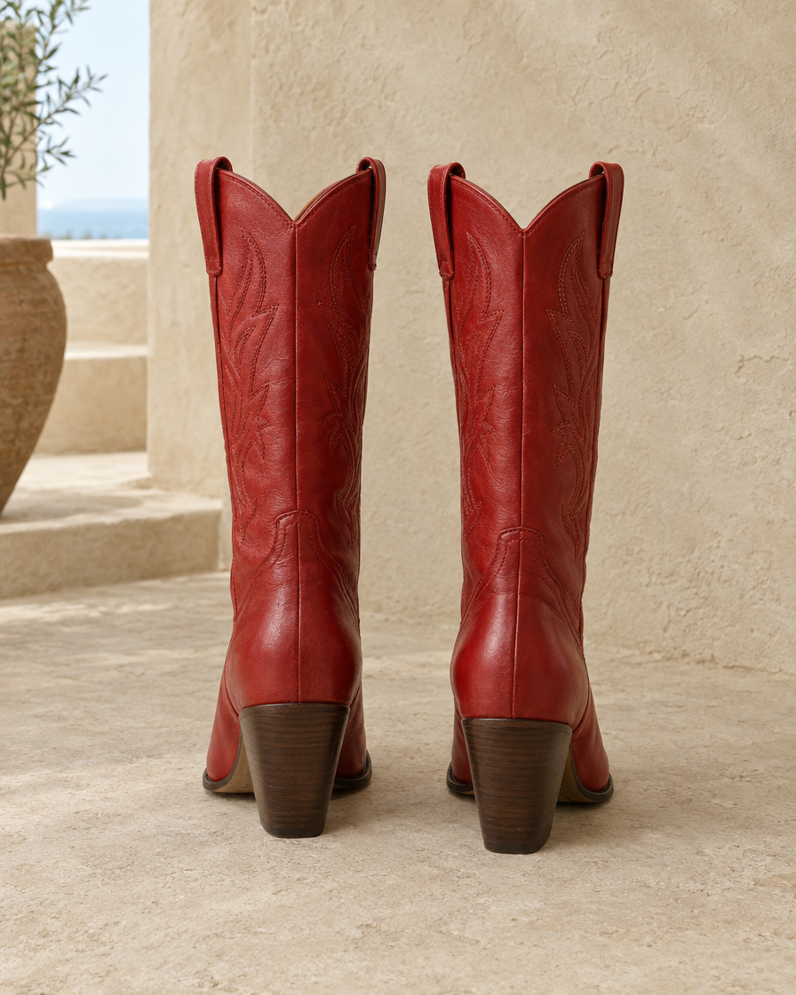 Red Cowboy Boots for Women, Mid-Calf Western Style — back view