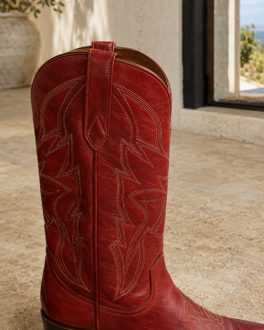 Red Cowboy Boots for Women, Mid-Calf Western Style — stitching detail