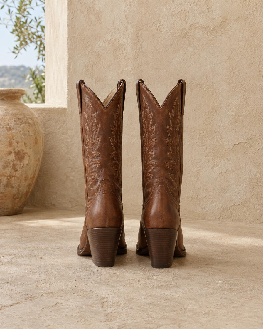 Brown Cowboy Boots for Women, Mid-Calf Western Style — back view