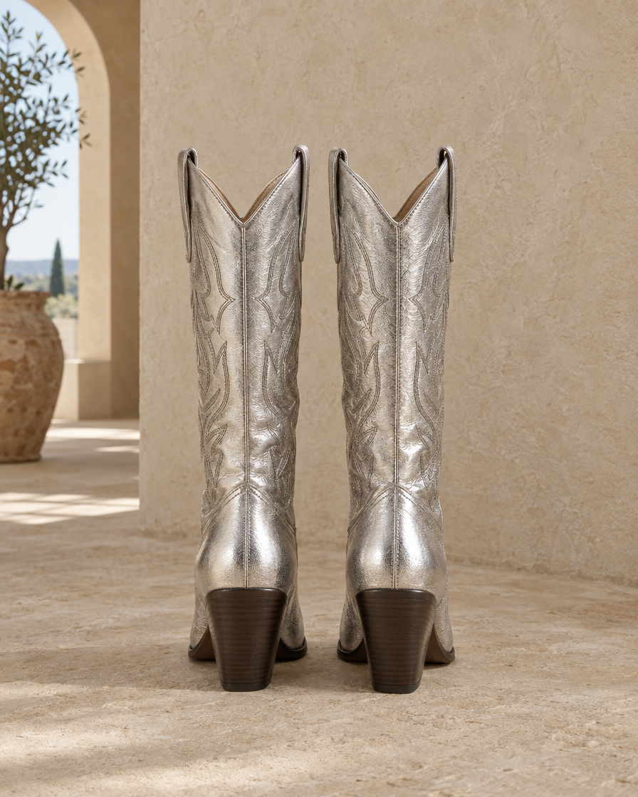 Silver Metallic Cowboy Boots, Mid-Calf — back view