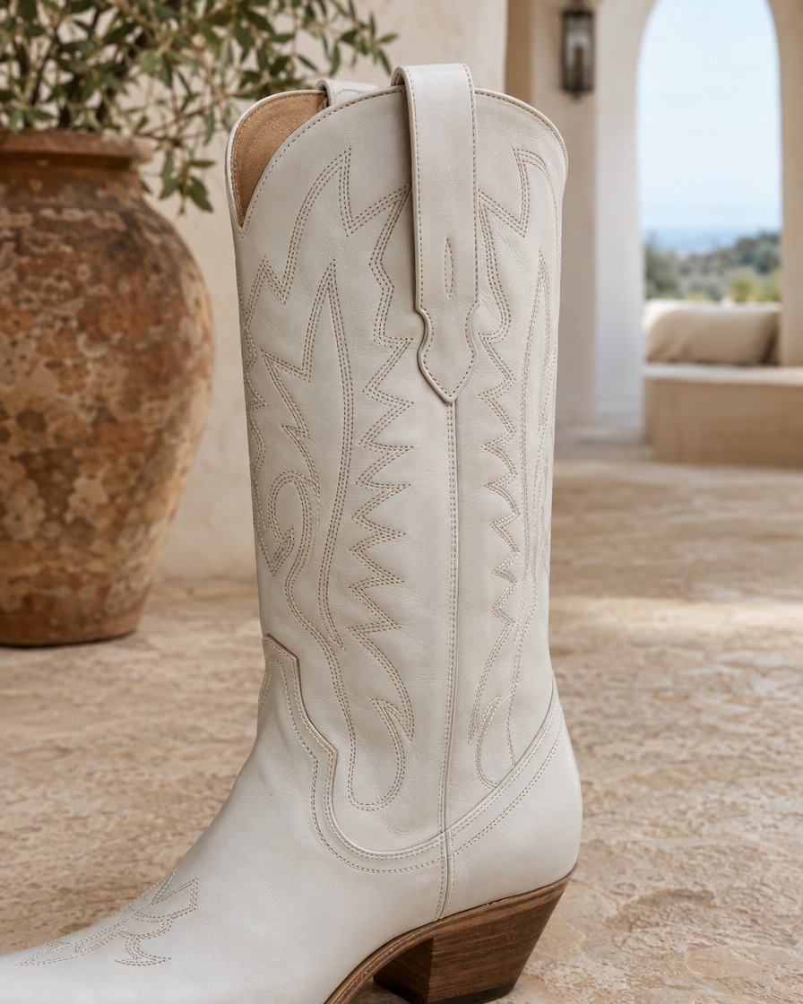 White Cowboy Boots for Women, Mid-Calf Western Style — stitching detail