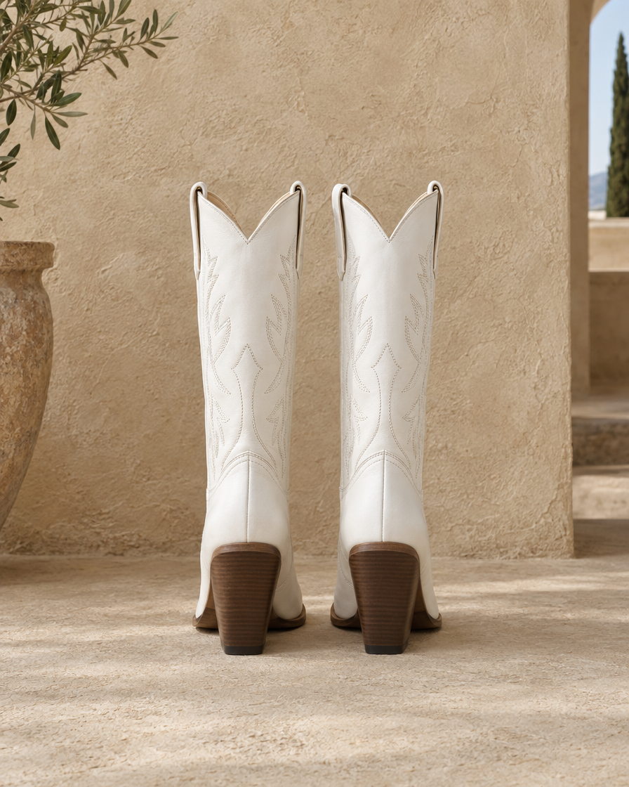 White Cowboy Boots for Women, Mid-Calf Western Style — back view