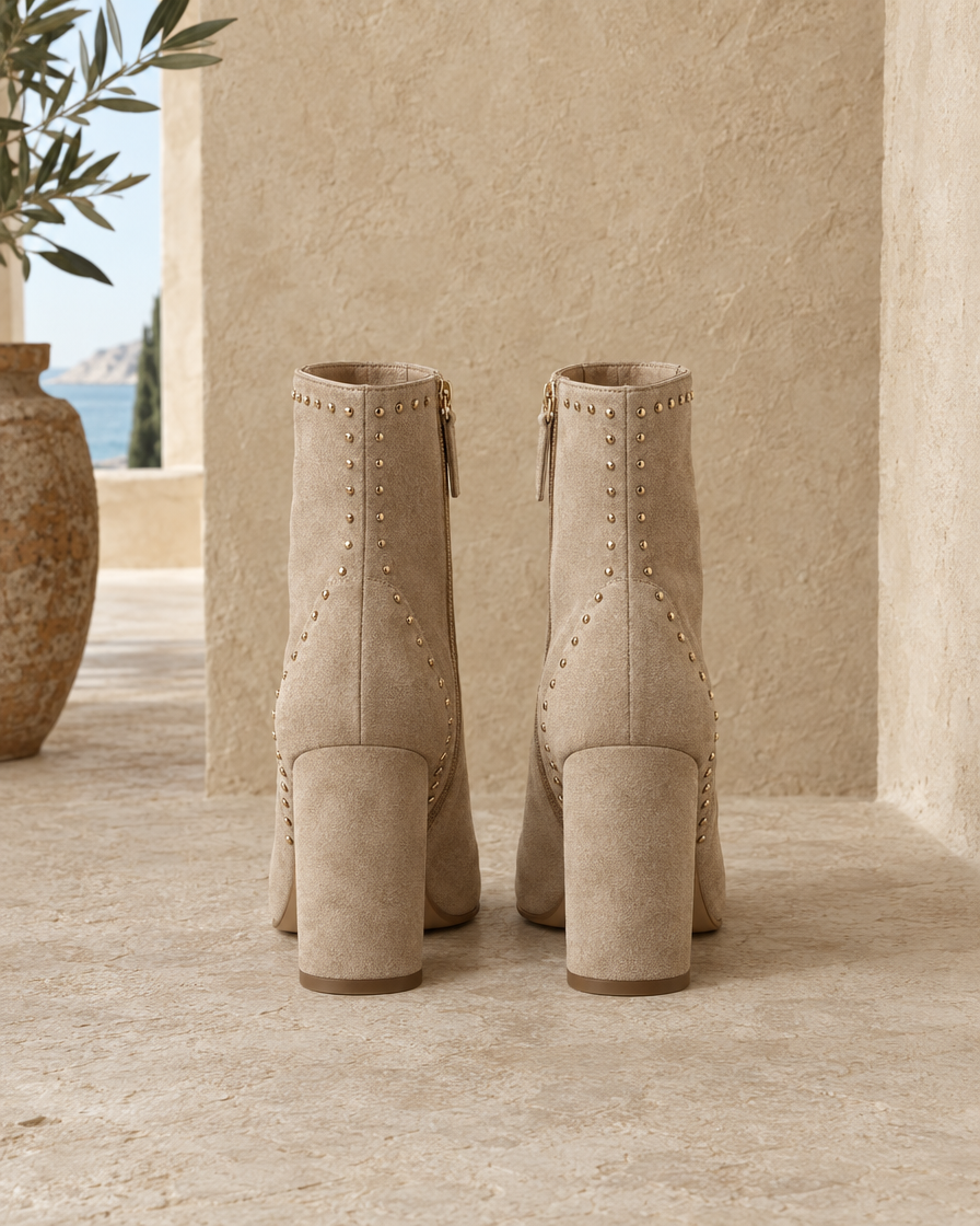 Women's Studded Suede Ankle Boots with Block Heel — back view