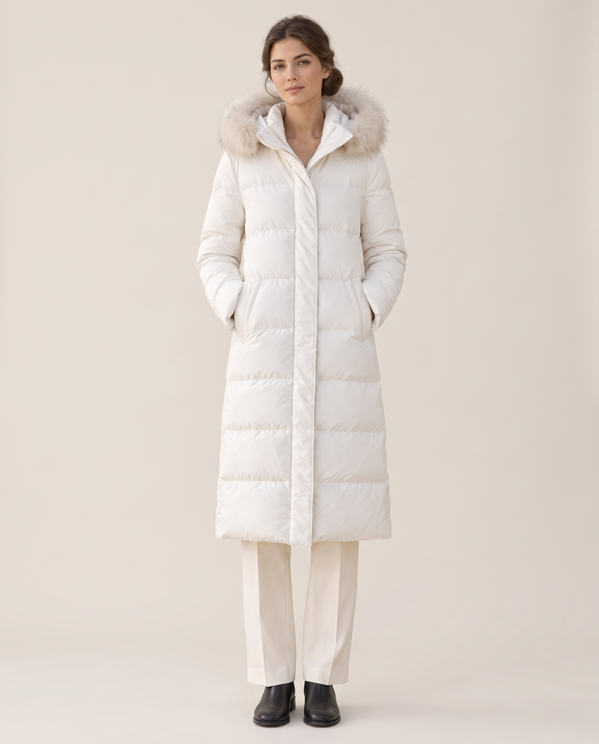 Long Hooded Puffer Coat with Plush Trim — white, studio front