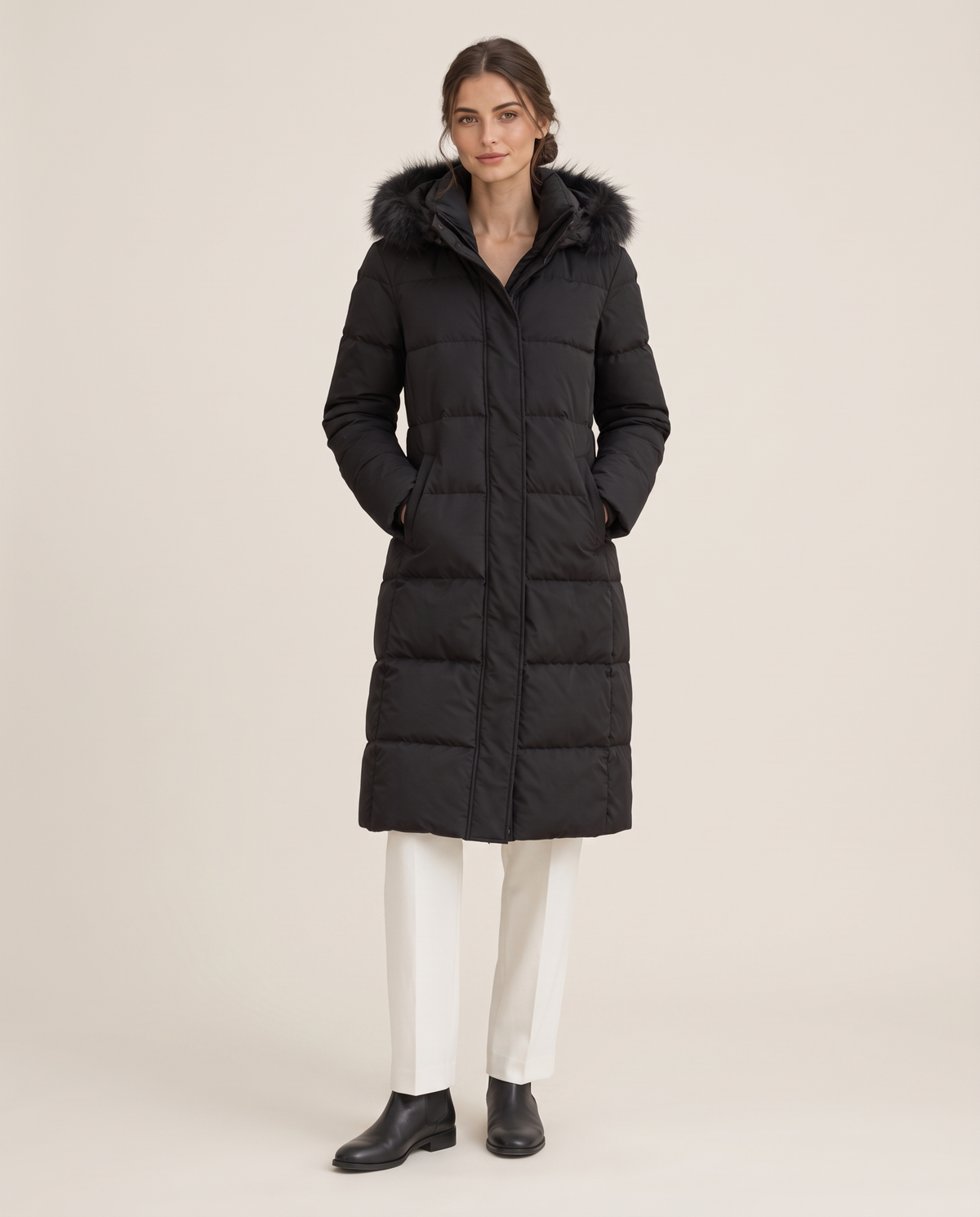 Long Hooded Puffer Coat with Plush Trim — studio front