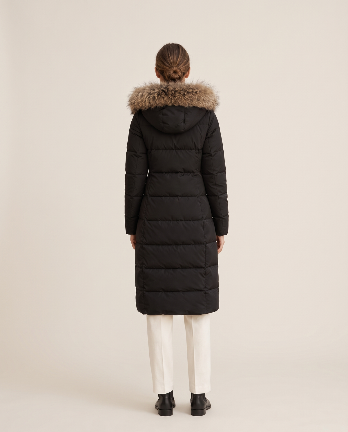 Long Hooded Puffer Coat with Plush Trim — studio back